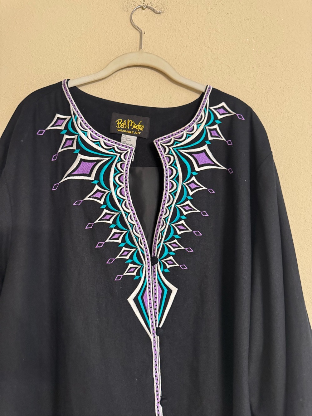 Bob Mackie Wearable Art Womens Plus Size 3X Embroidered Jacket Linen Black Blue - Picture 4 of 16